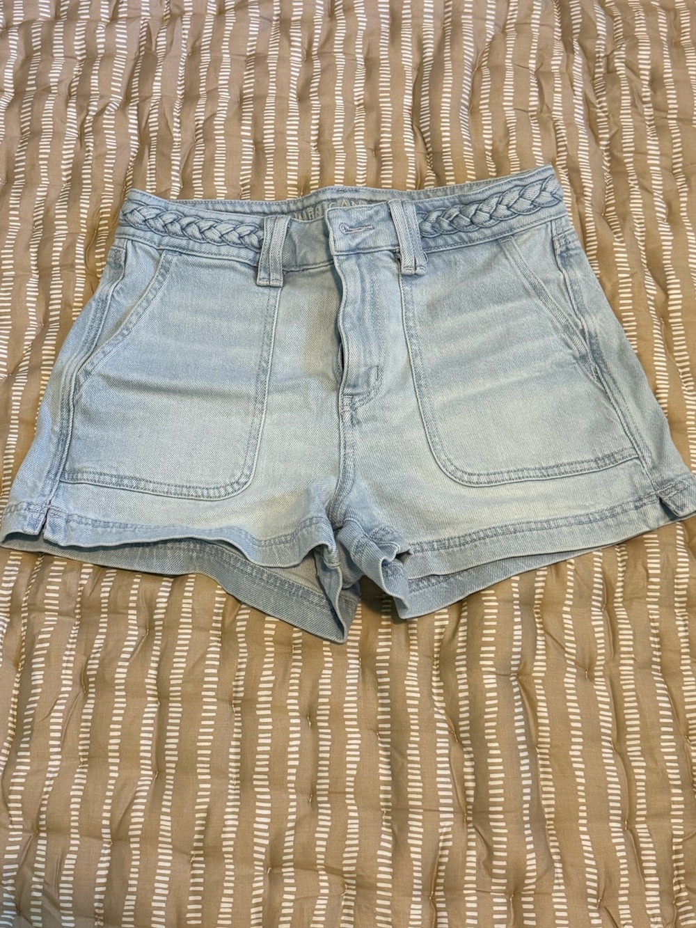 American Eagle Outfitters Light Blue Braided-Waist Denim Shorts